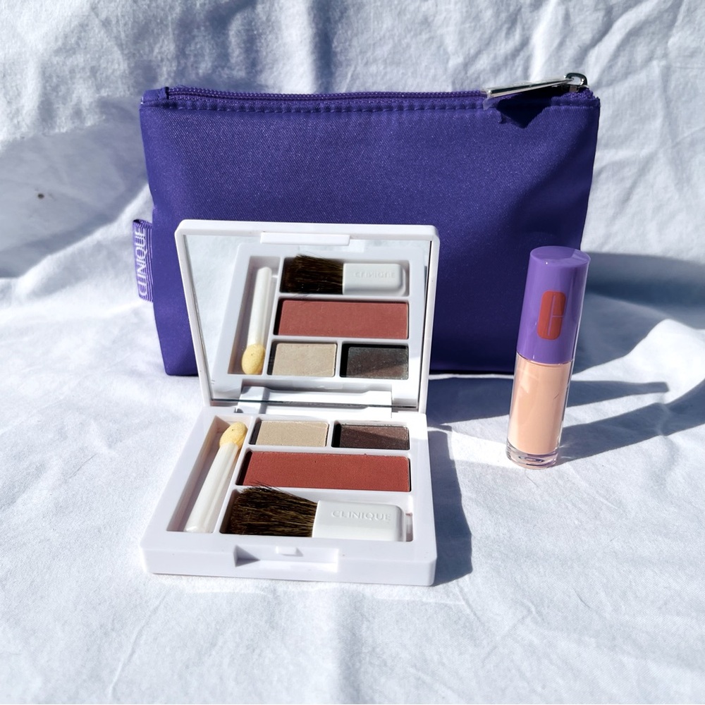 Clinique eyeshadow dou, and soft pressed powder blusher. small lip gloss.